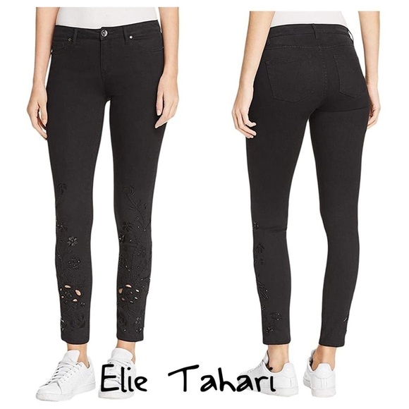 Elie Tahari Womens Azella Embellished Embroidered Skinny Jeans black beaded - Picture 1 of 12